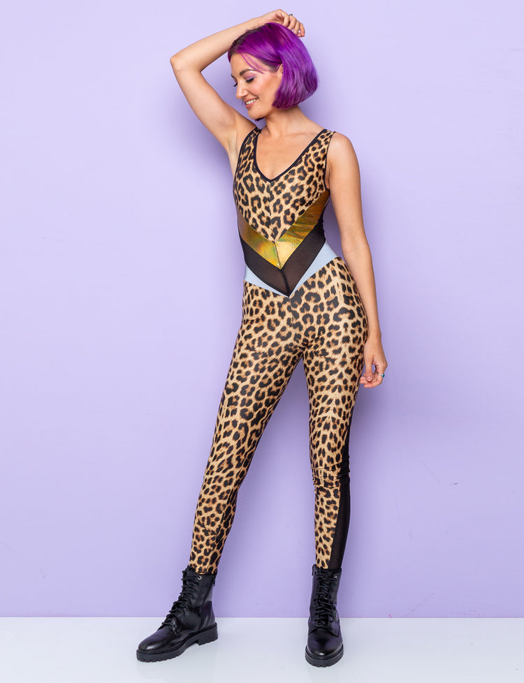 woman in leopard print Catsuit with full back