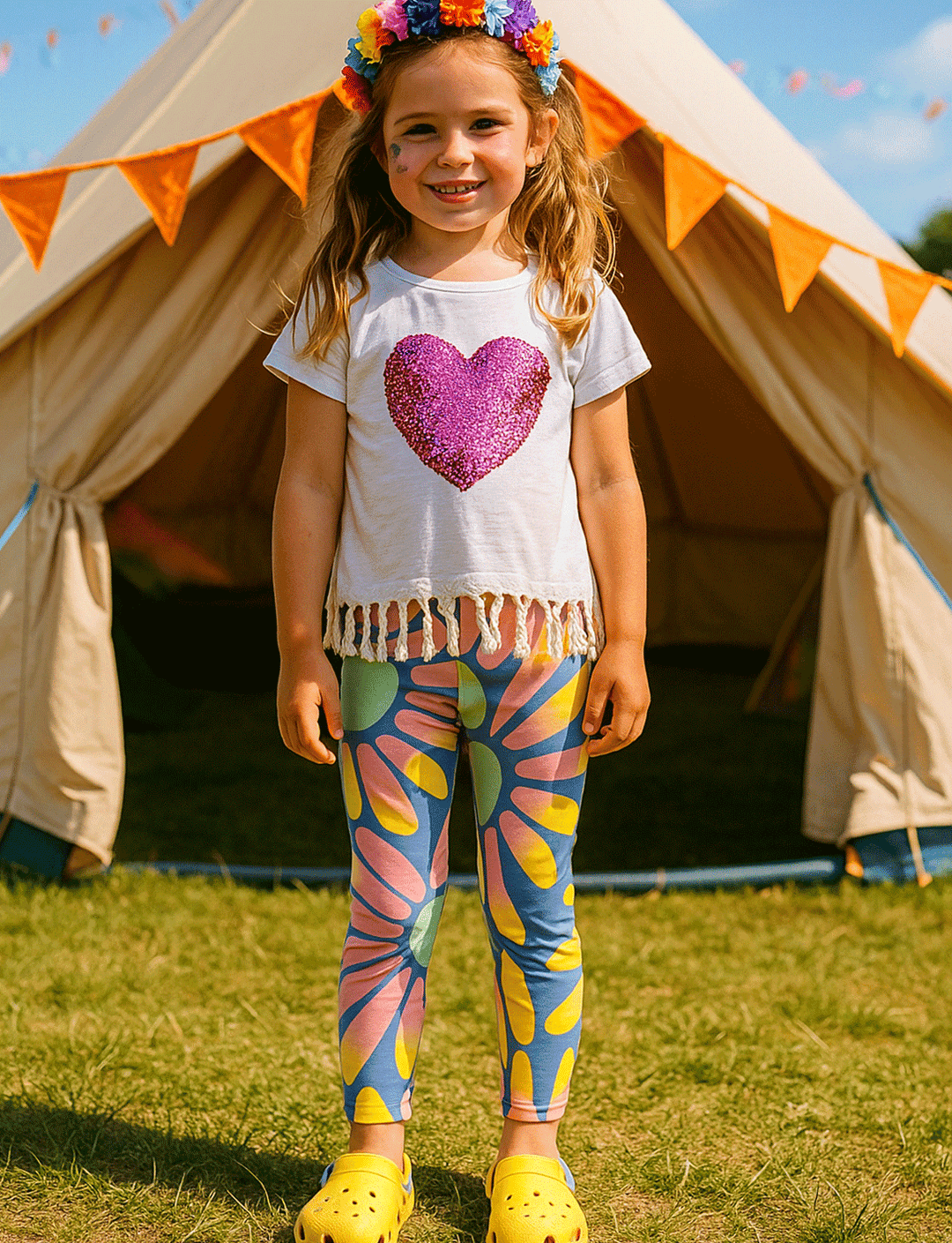 Young girl in colorful leggings and a white shirt with a heart design, standing in front of a tent.