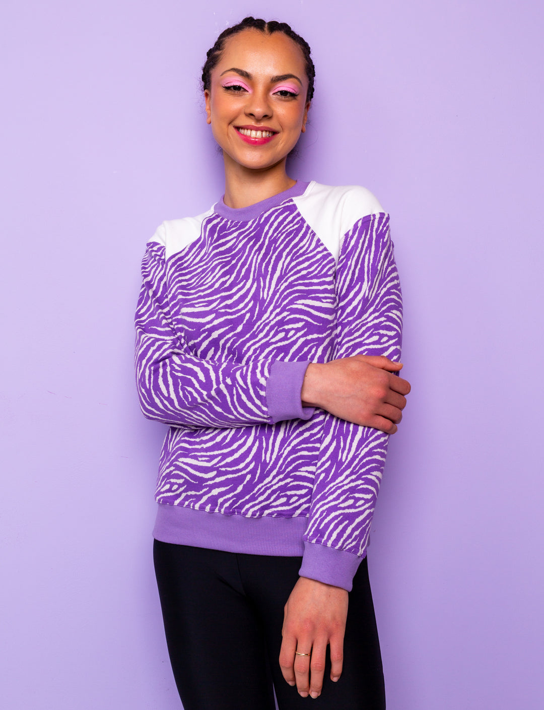 lilac and white zebra print sweatshirt with white shoulders
