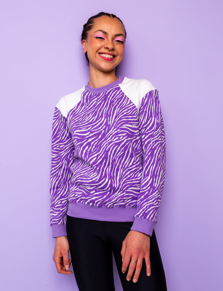 lilac and white zebra print sweatshirt