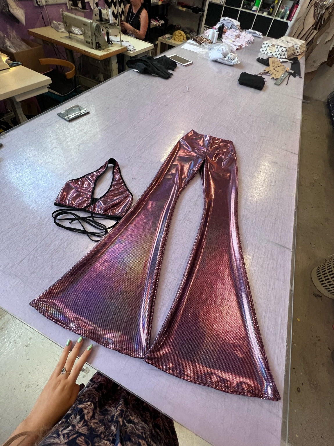 mauve berry crush coloured metallic lycra flares with matching wrap top