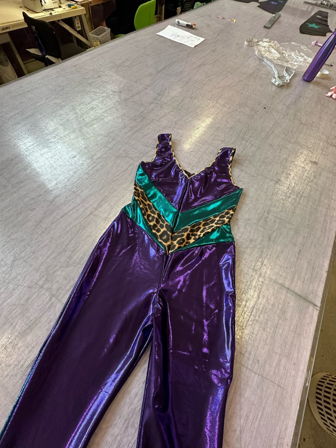 purple metallic lycra catsuit with leopard print panels