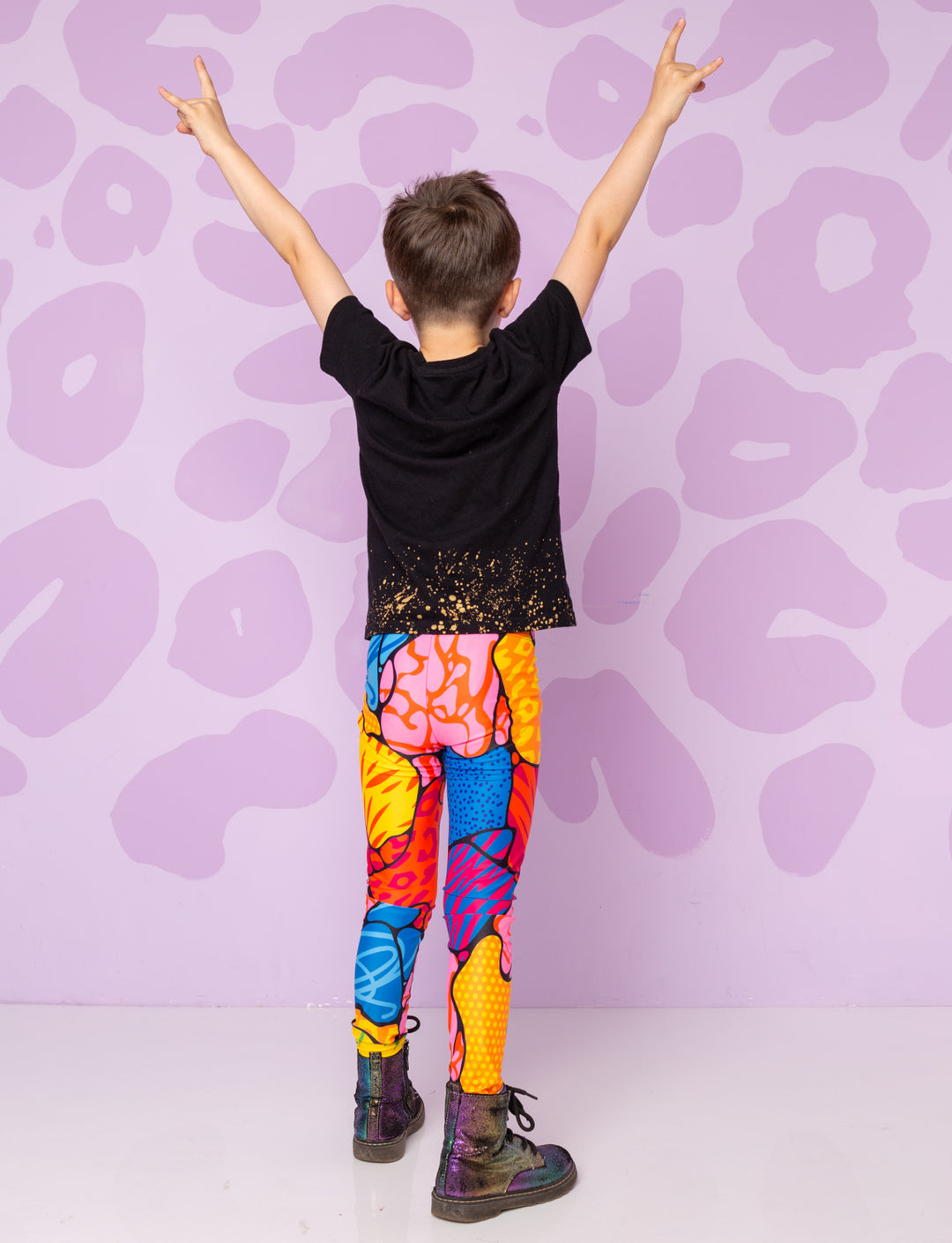 Back view of boy wearing Burnt Soul coloured leggings