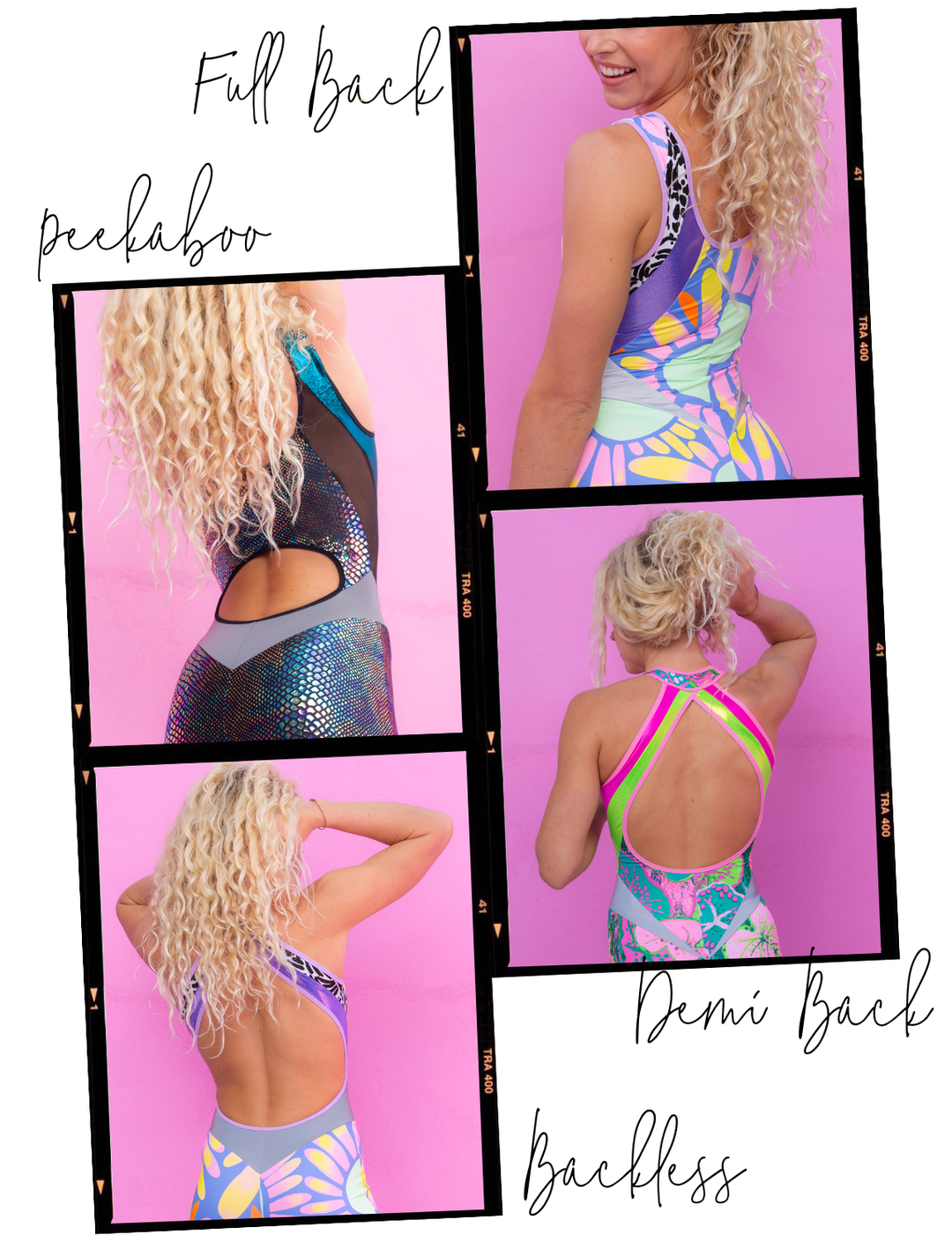 Four colourful catsuits with different styles of backs
