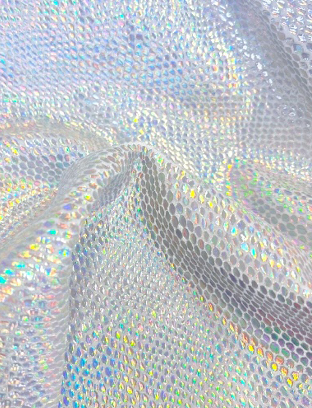 Silver holographic lizard foil on white velvet.