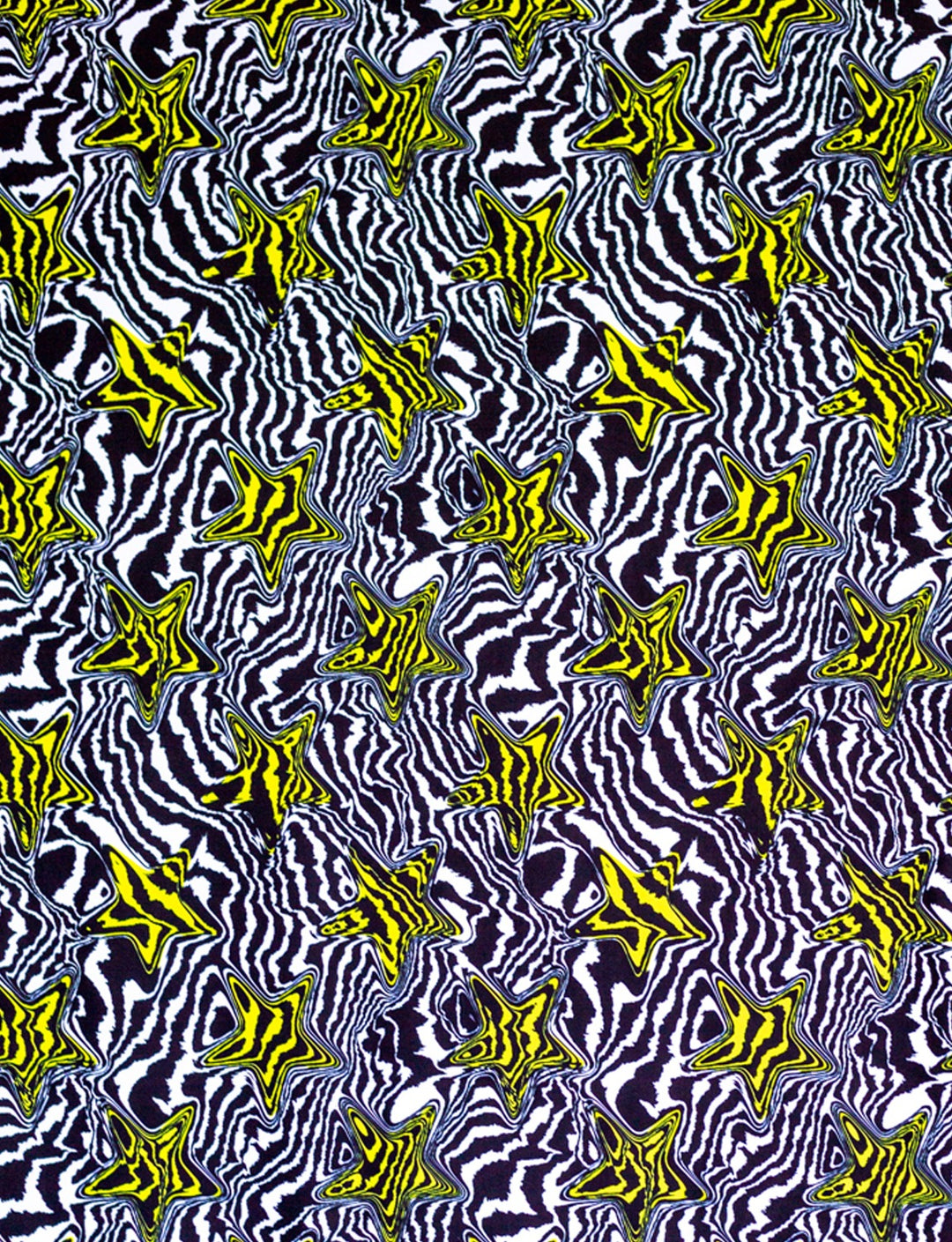Print design with yellow stars and black and white fluid lines.