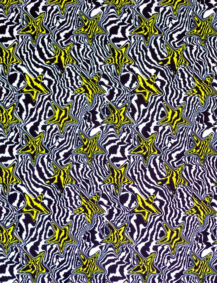Print design with yellow stars and black and white fluid lines.