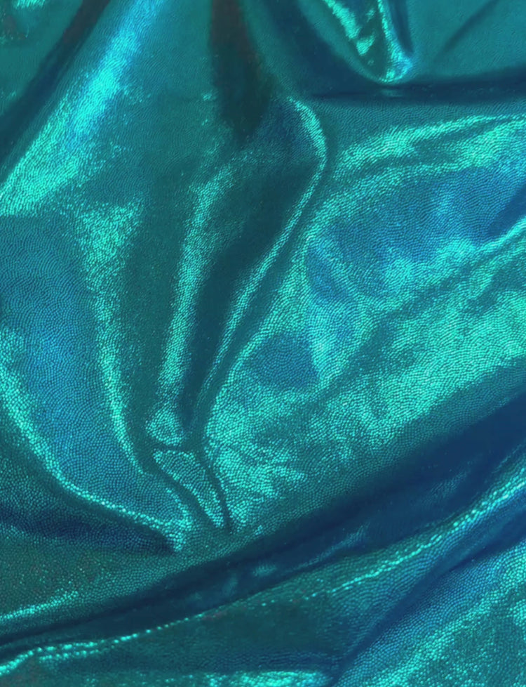 Electric blue foil stretch fabric.