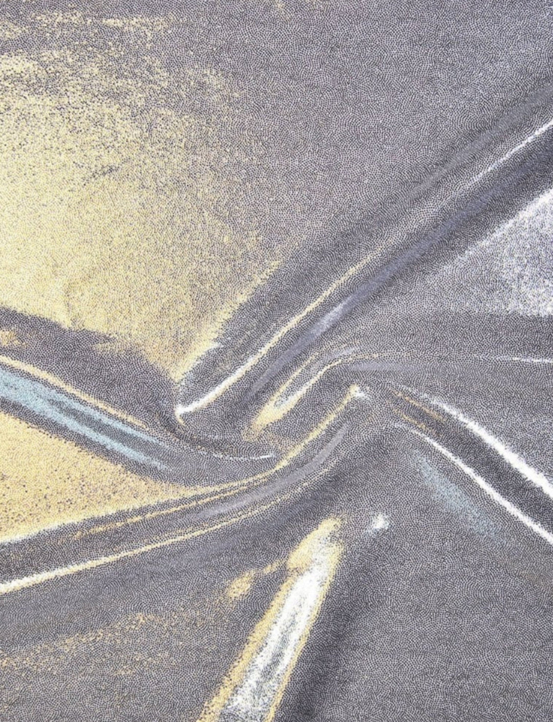 Silver foil stretch fabric swatch.